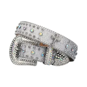 Silver Strap With Cross & Crystal Studded Rhinestone Belt